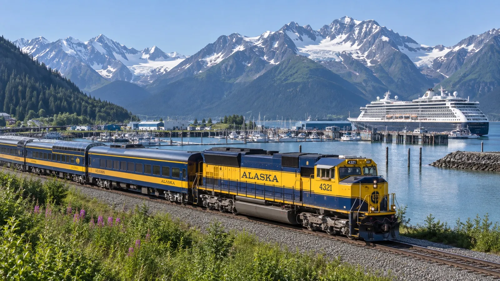 Alaska Railroad train near Seward cruise berth