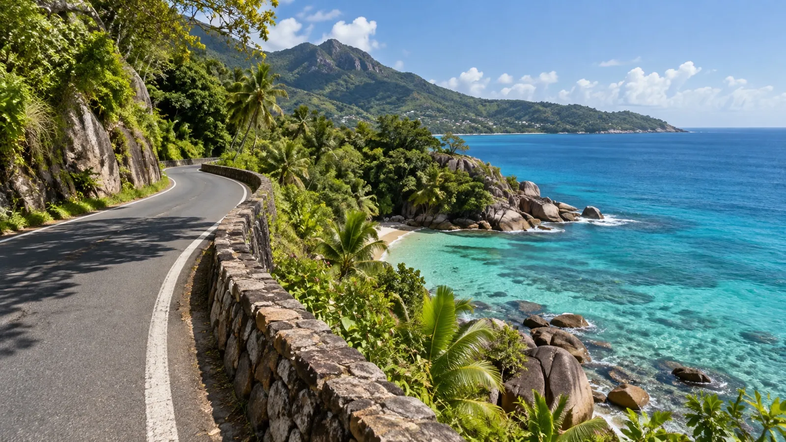Winding coastal road on Mahé above turquoise bays