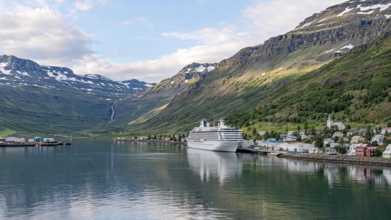 Cruise ship in Seyðisfjörður harbor beneath green fjord mountains