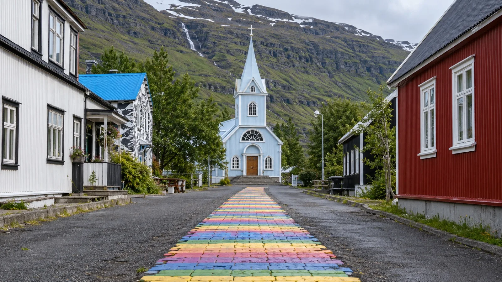 Rainbow street leading to the Blue Church in Seyðisfjörður