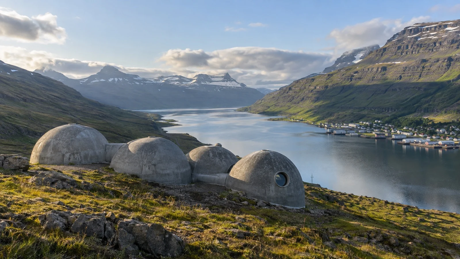 Concrete Tvísöngur sound sculpture overlooking Seyðisfjörður