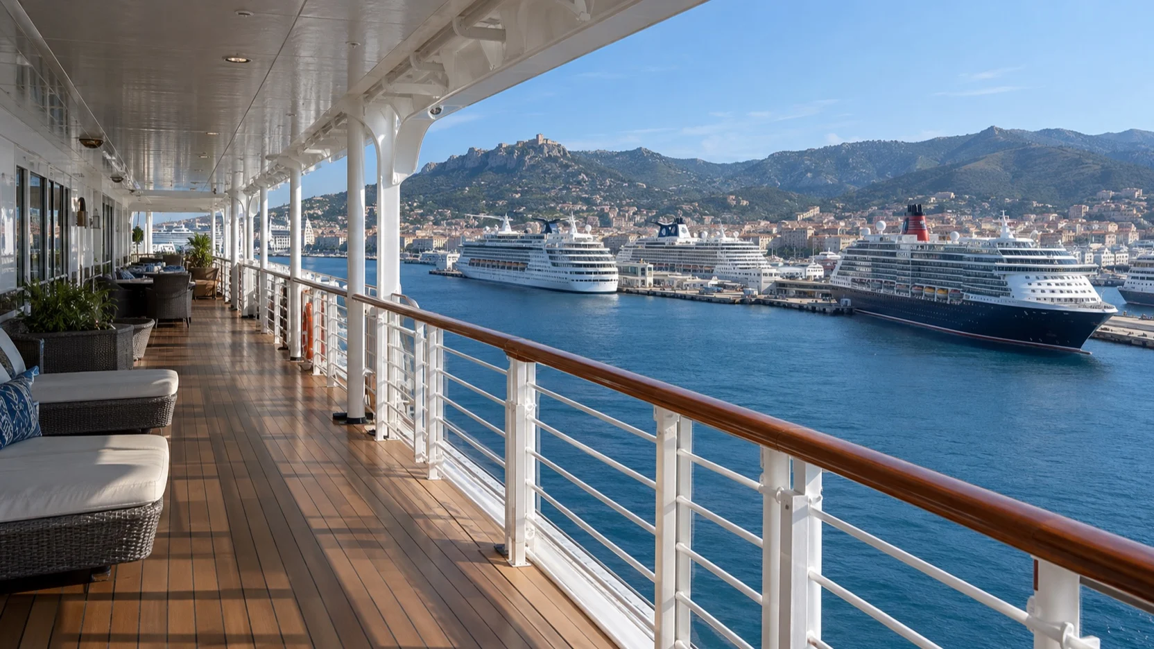 Empty shaded promenade deck overlooking ships in port