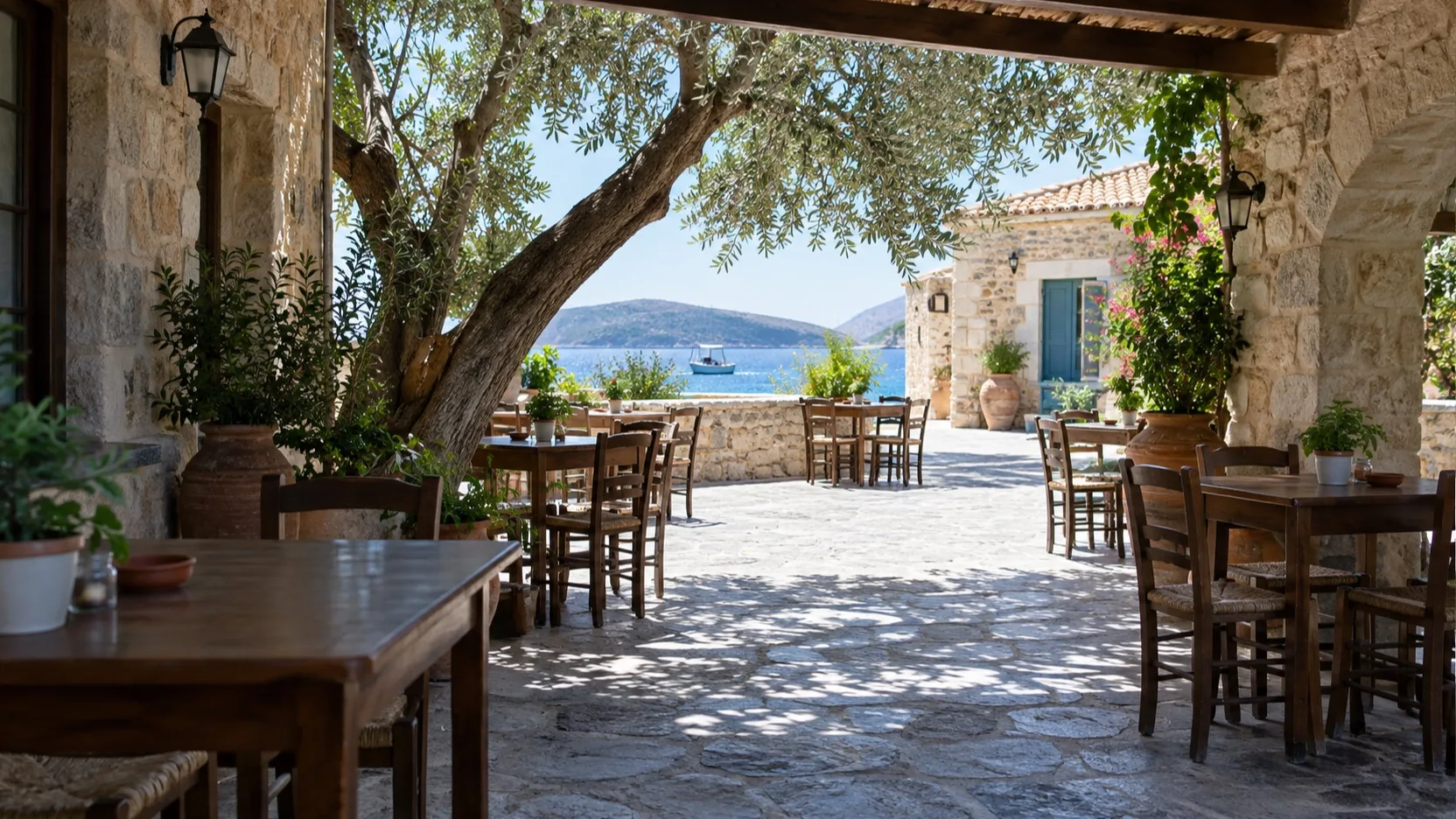 Shaded stone cafe courtyard for a midday cooling break