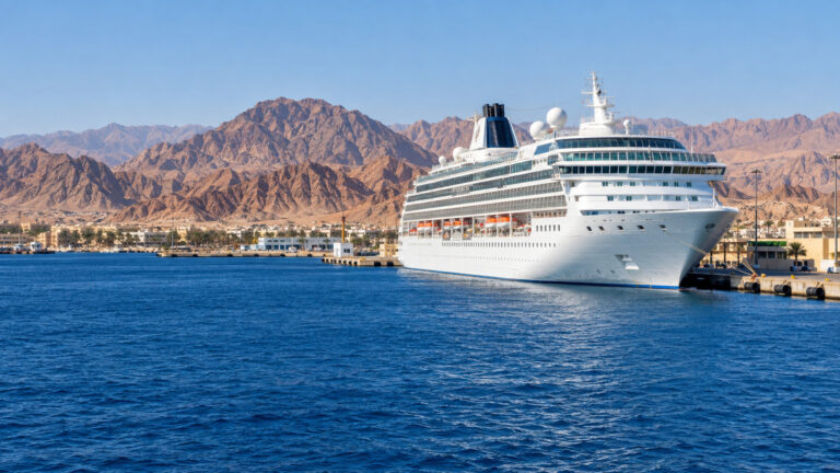 Cruise ship docked at Sharm el-Sheikh port beneath Sinai mountains