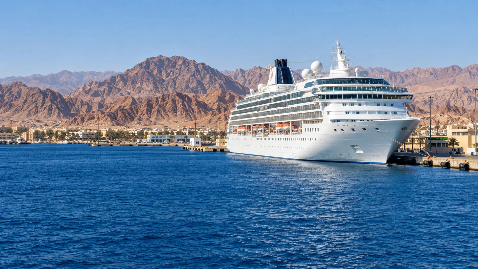 Cruise ship docked at Sharm el-Sheikh port beneath Sinai mountains