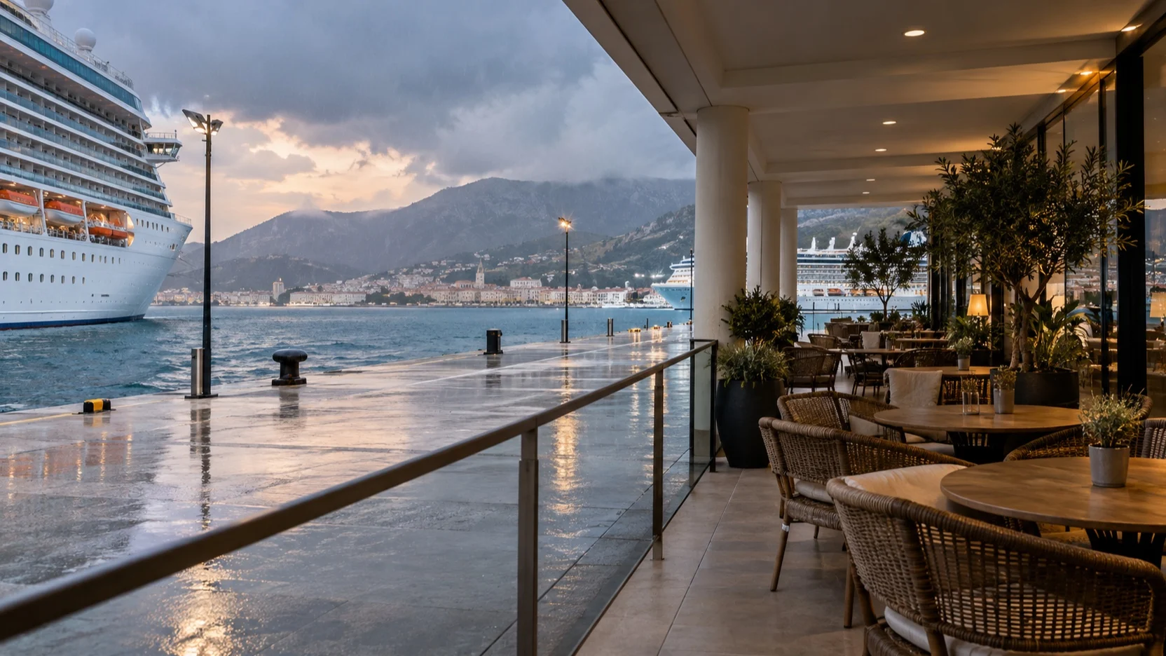 Covered cafe terrace beside a cruise terminal during rain