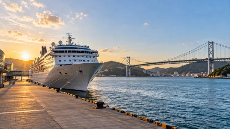 Cruise ship in Shimonoseki by the Kanmon Strait bridge