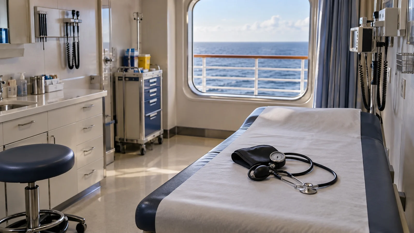 Empty shipboard examination room with blood-pressure cuff and stethoscope