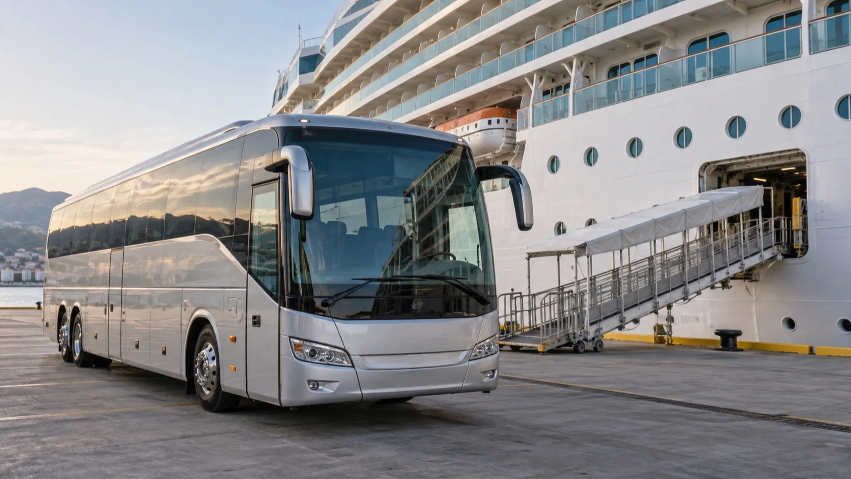 Empty ship excursion coach parked beside a cruise gangway