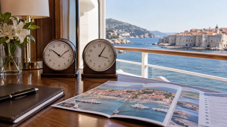 Two analog clocks on an empty cruise ship desk showing different times beside a port-day itinerary