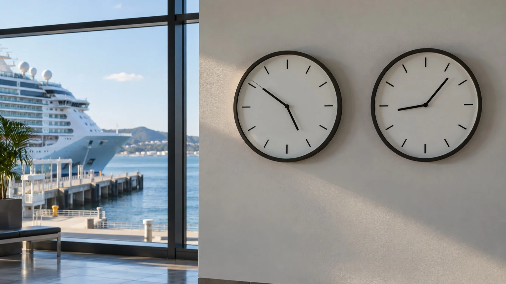 Two clocks inside an empty cruise terminal overlooking the ship