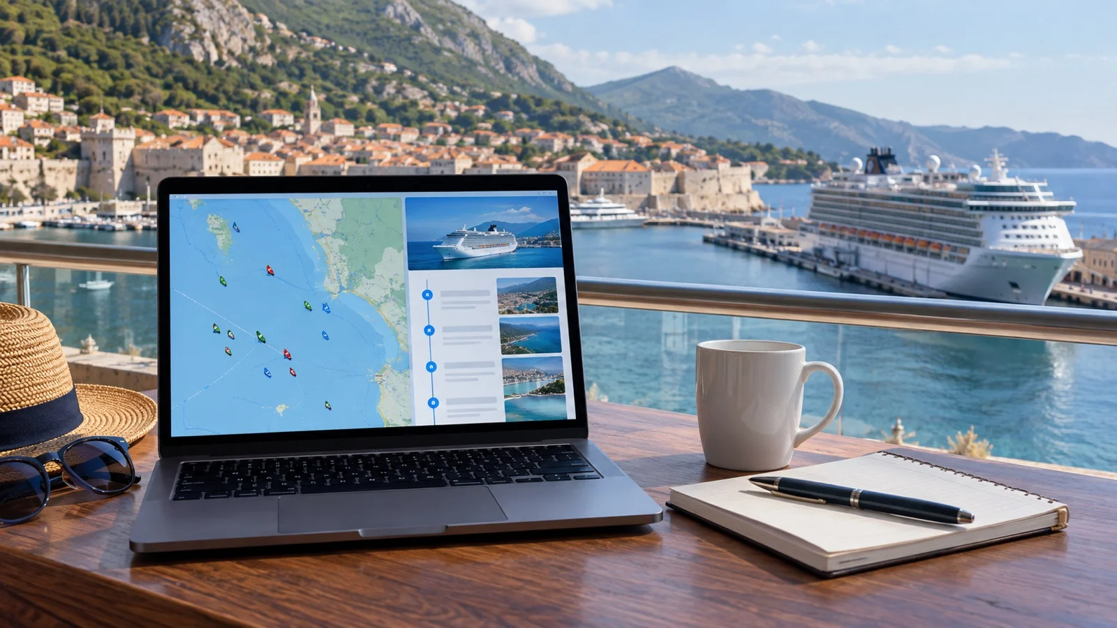 Laptop showing generic unlabeled vessel-tracking map beside cruise itinerary, no readable text
