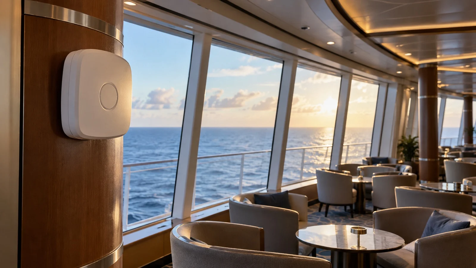 Unbranded ship Wi-Fi access point in empty cruise lounge