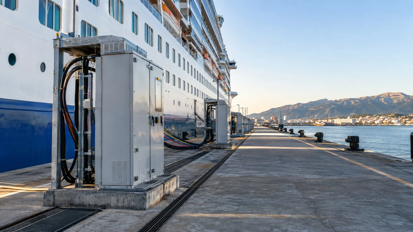 Electrical shore-power cabinets on empty cruise pier beside ship
