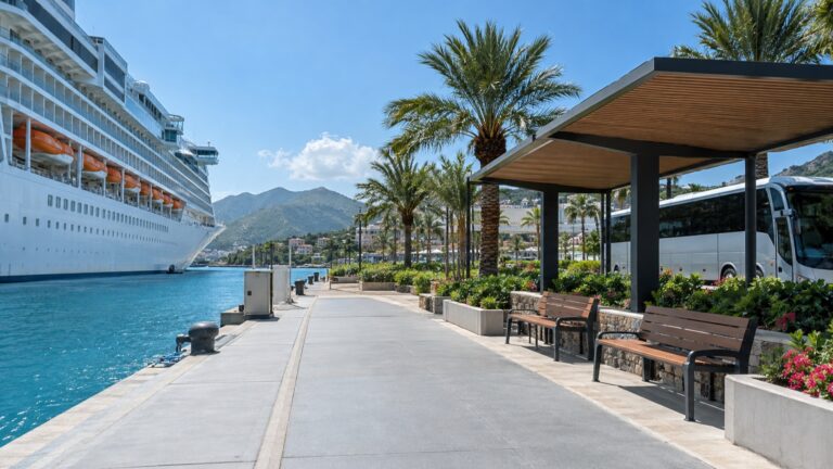 Short level route from cruise ship to shaded seating and a vehicle