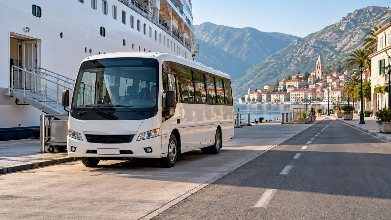 Empty excursion shuttle beside a cruise ship near town