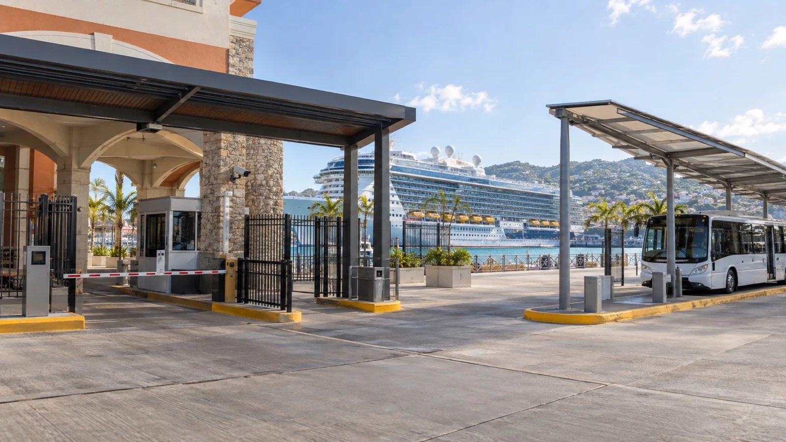 Cruise port security gate and shuttle stop with ship beyond