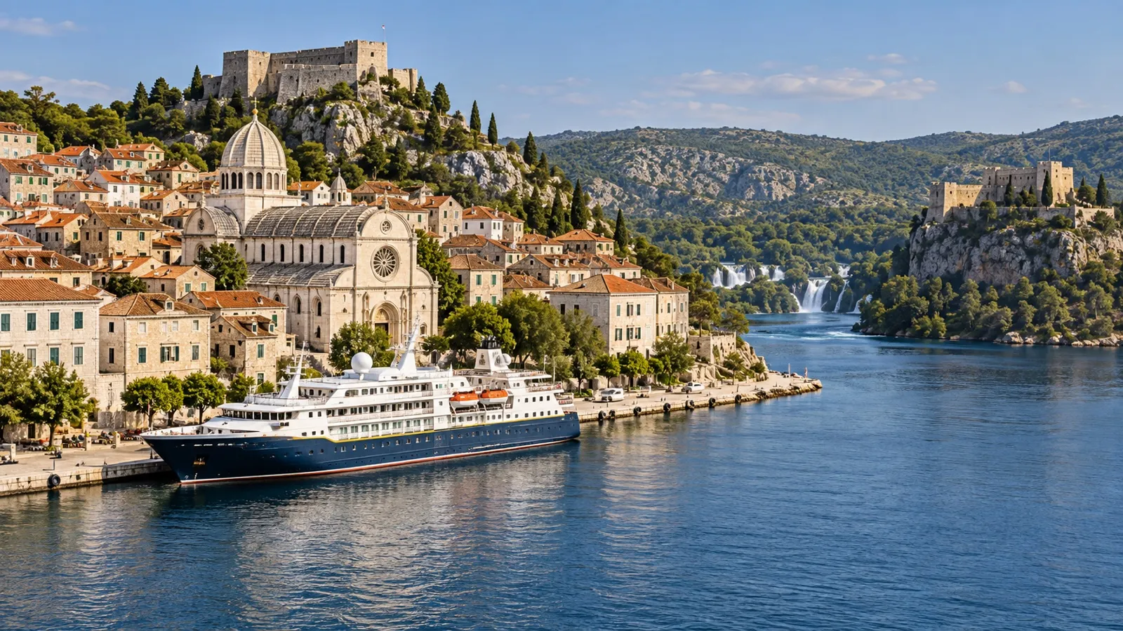 Cruise ship beside the historic Šibenik waterfront
