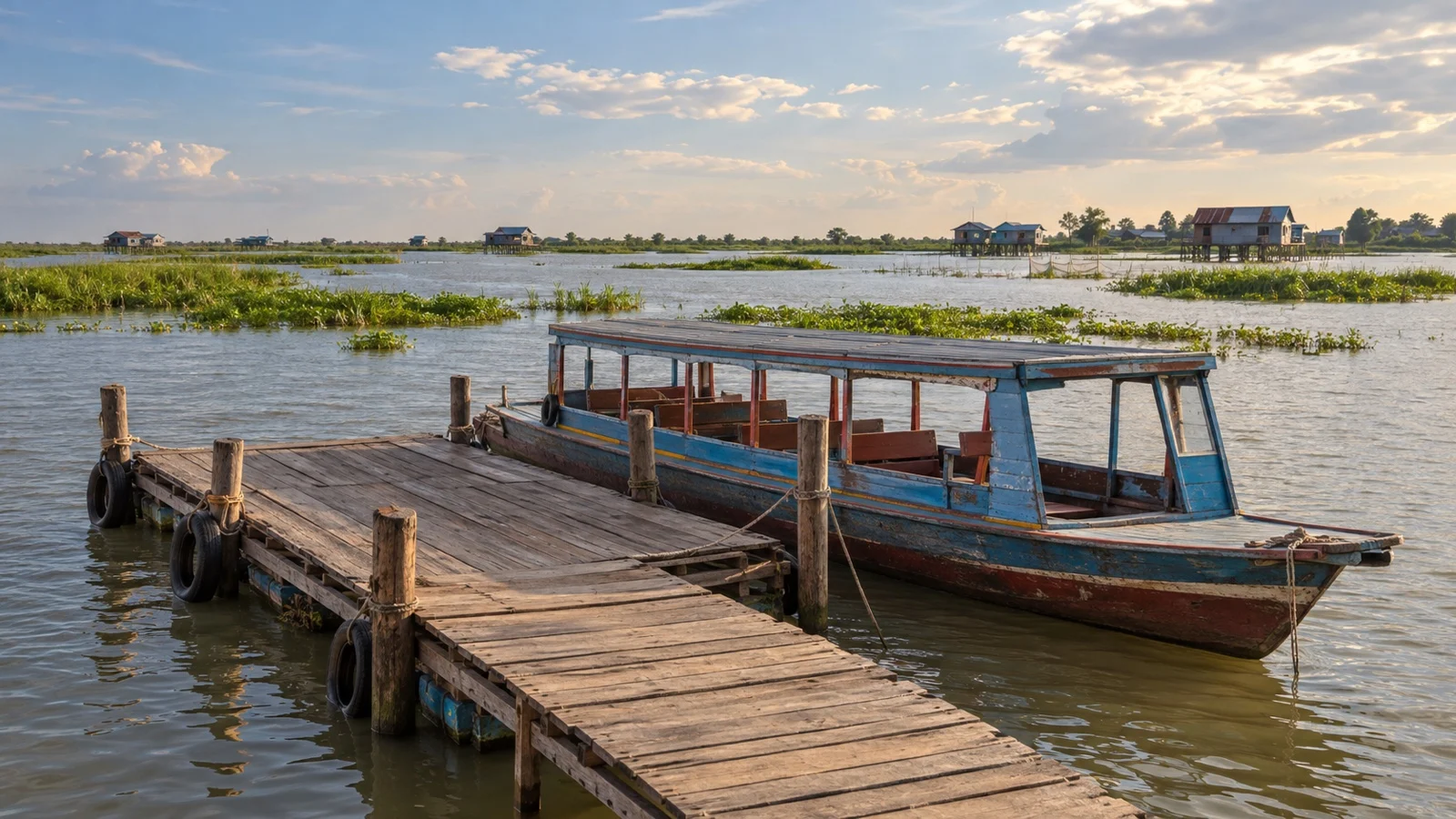 Tonle Sap river-cruise landing on route to Siem Reap