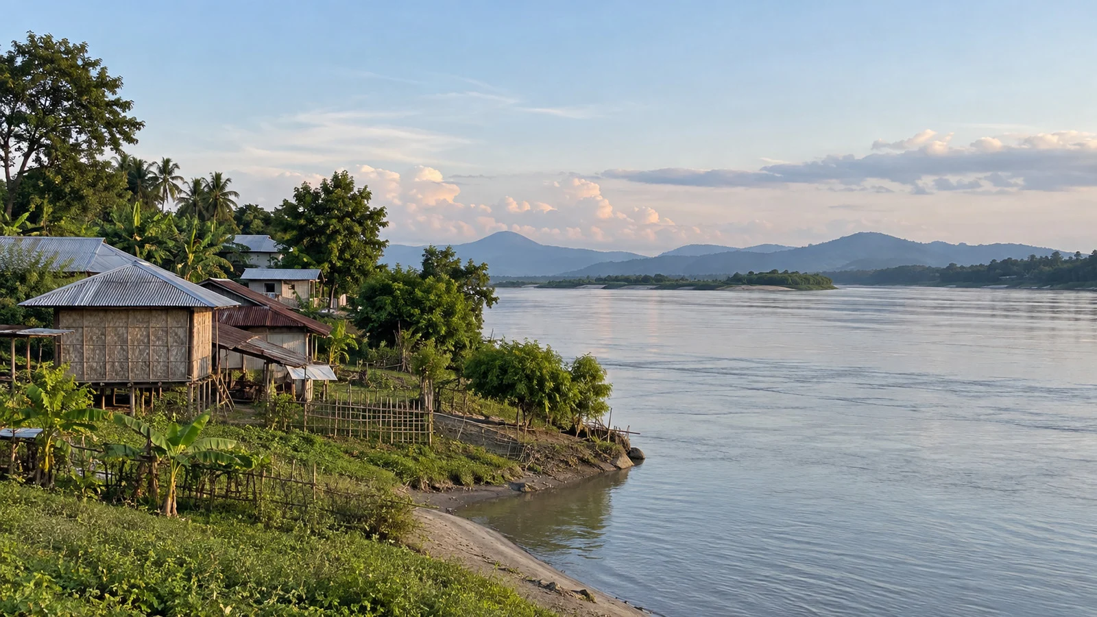 Rural village buildings beside the Brahmaputra near Silghat