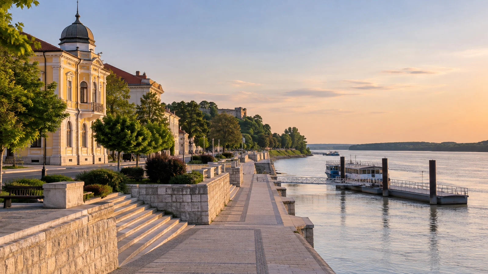 Quiet Silistra Danube riverfront promenade and historic town architecture, no people