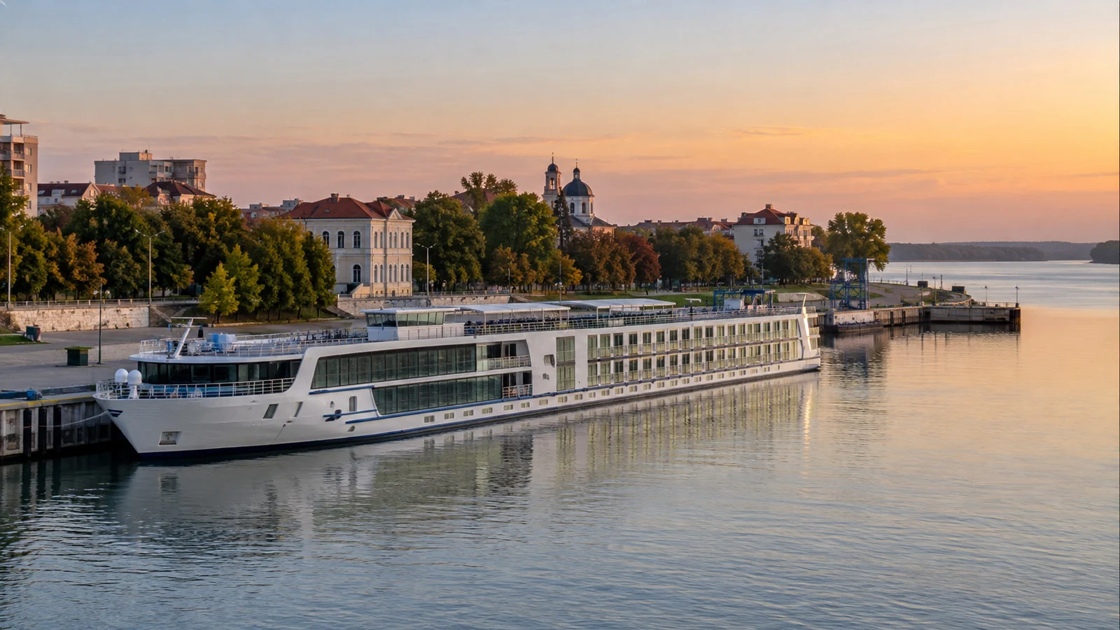 River cruise vessel moored at Silistra Bulgaria Danube waterfront with low city skyline, no people
