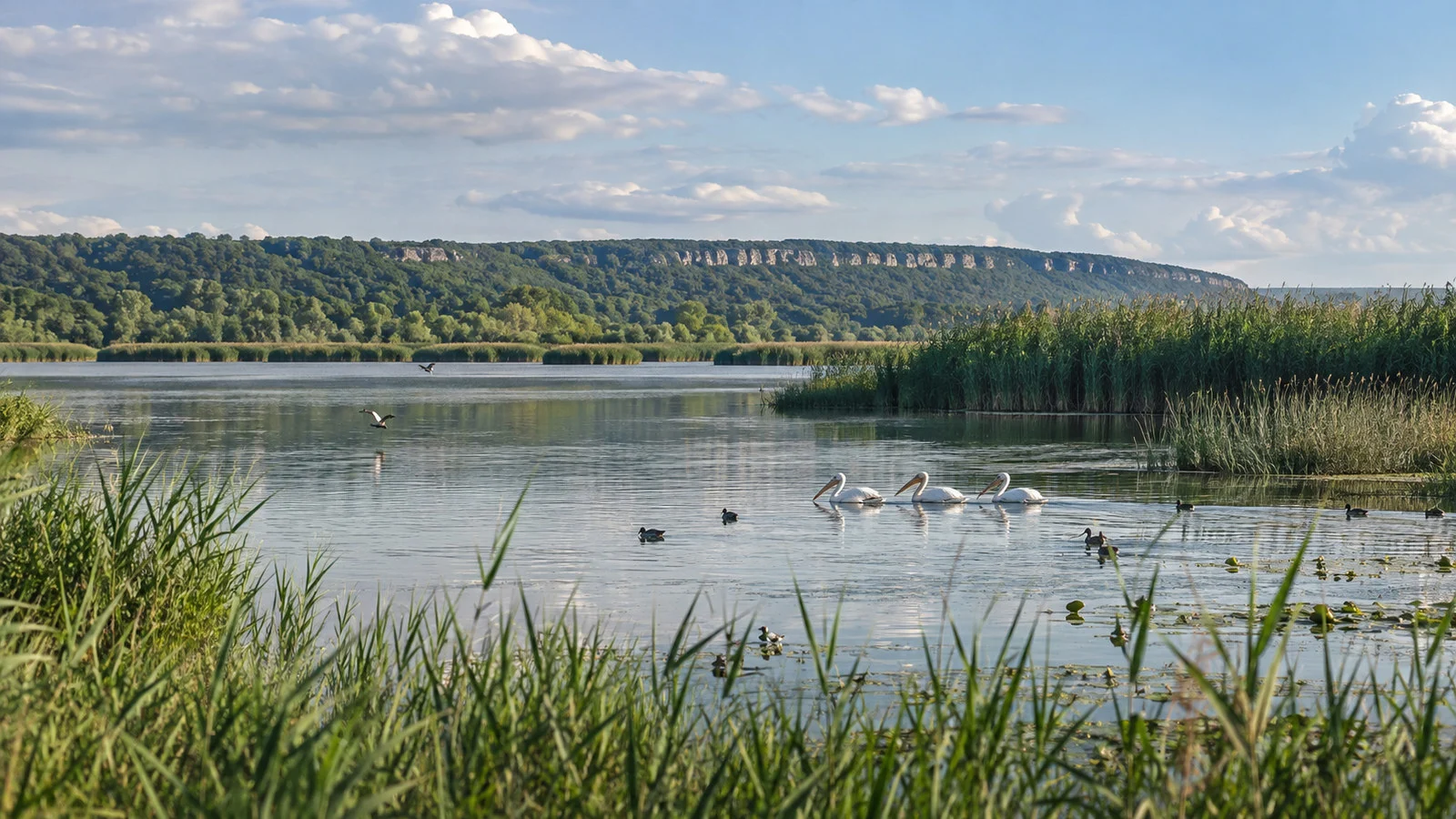Srebarna Nature Reserve Bulgaria reed wetlands and lake with waterbirds under open sky, no people