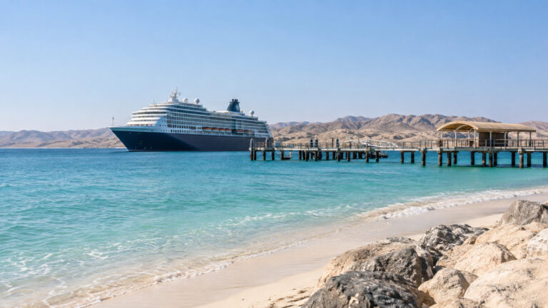 Cruise ship alongside Sir Bani Yas Island beach jetty