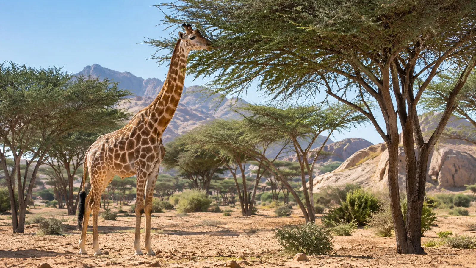 Giraffe among acacia trees in the Arabian Wildlife Park