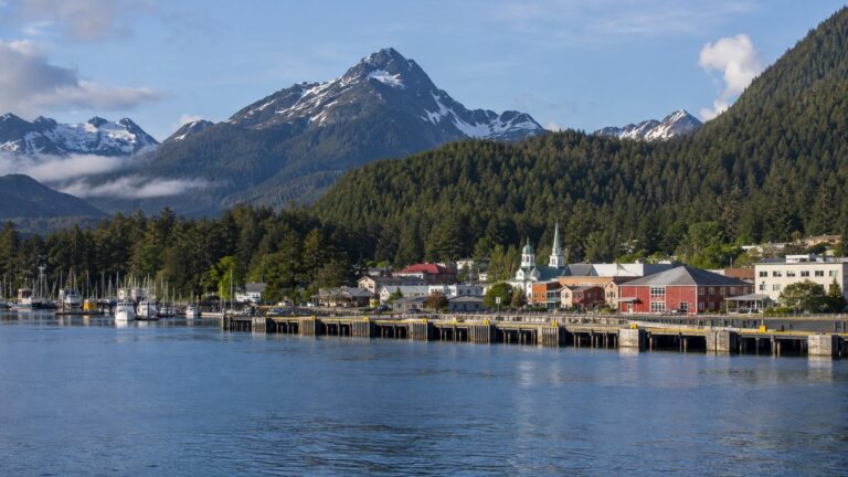 Sitka cruise harbor beneath forested Alaska mountains