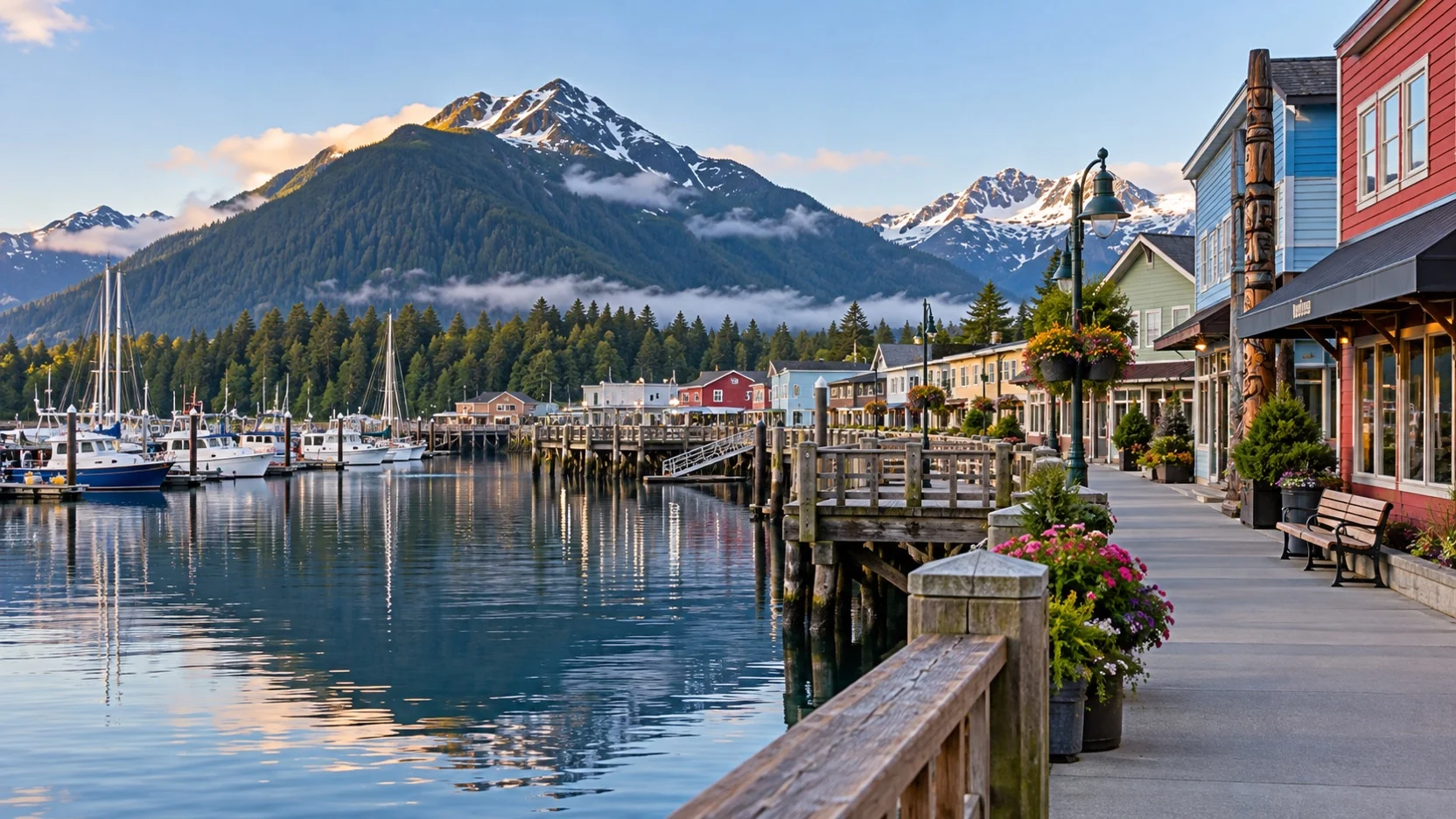 Quiet Sitka harbor promenade with shops and forested mountains