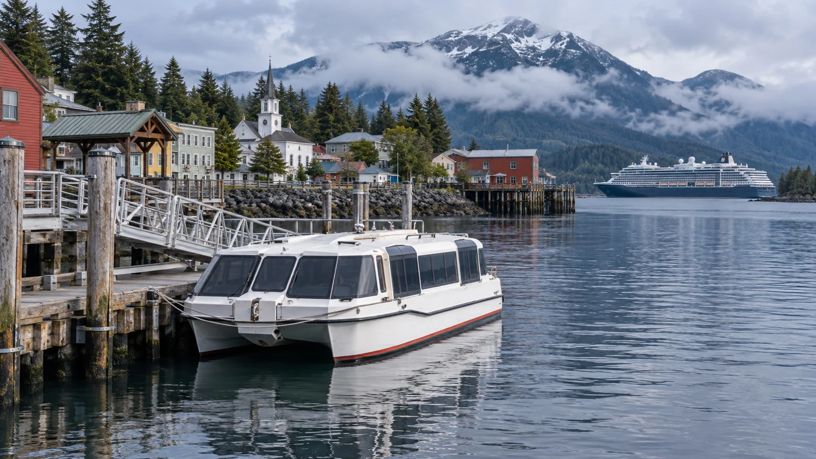 Empty cruise tender beside Sitka’s downtown waterfront in Alaska