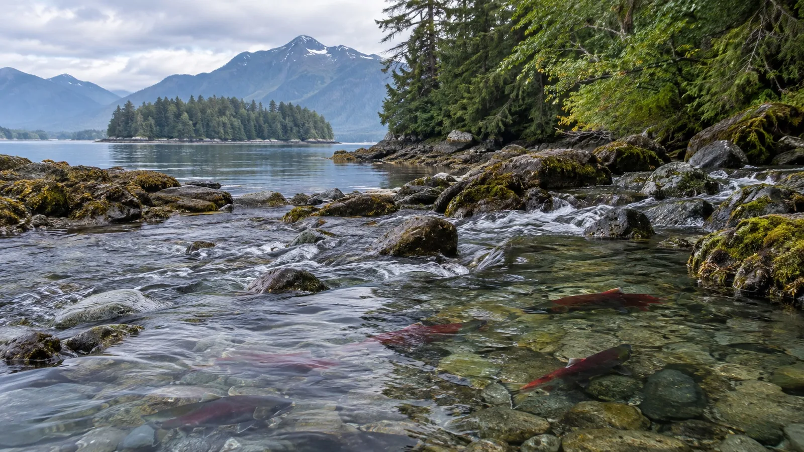 Wild salmon in clear stream at Sitka coastal park, Alaska