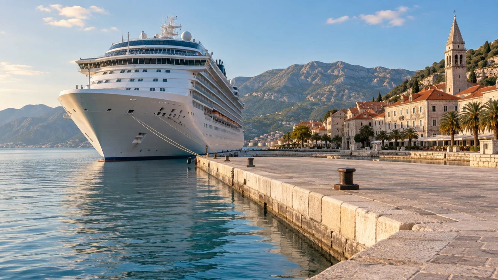 Cruise ship docked beside a walkable old town waterfront