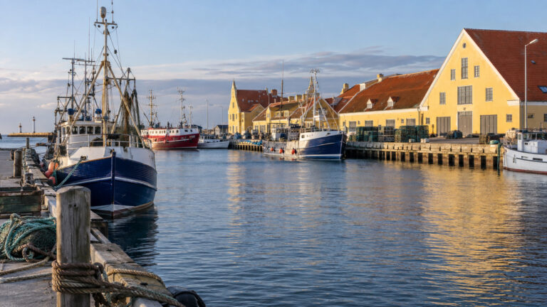 Fishing boats and quayside buildings in Skagen harbor