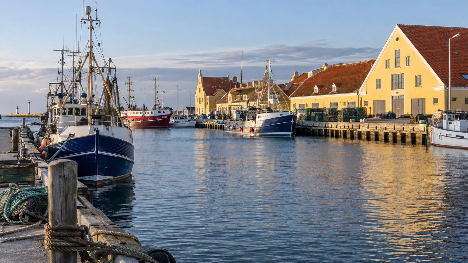 Fishing boats and quayside buildings in Skagen harbor