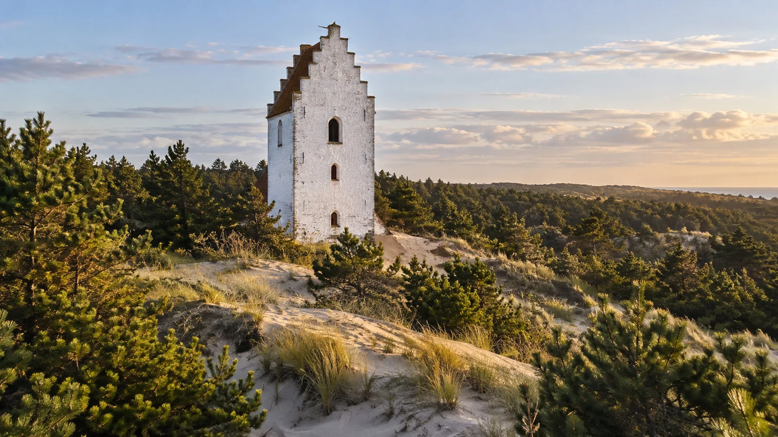 White tower of the Sand-Covered Church among dunes near Skagen