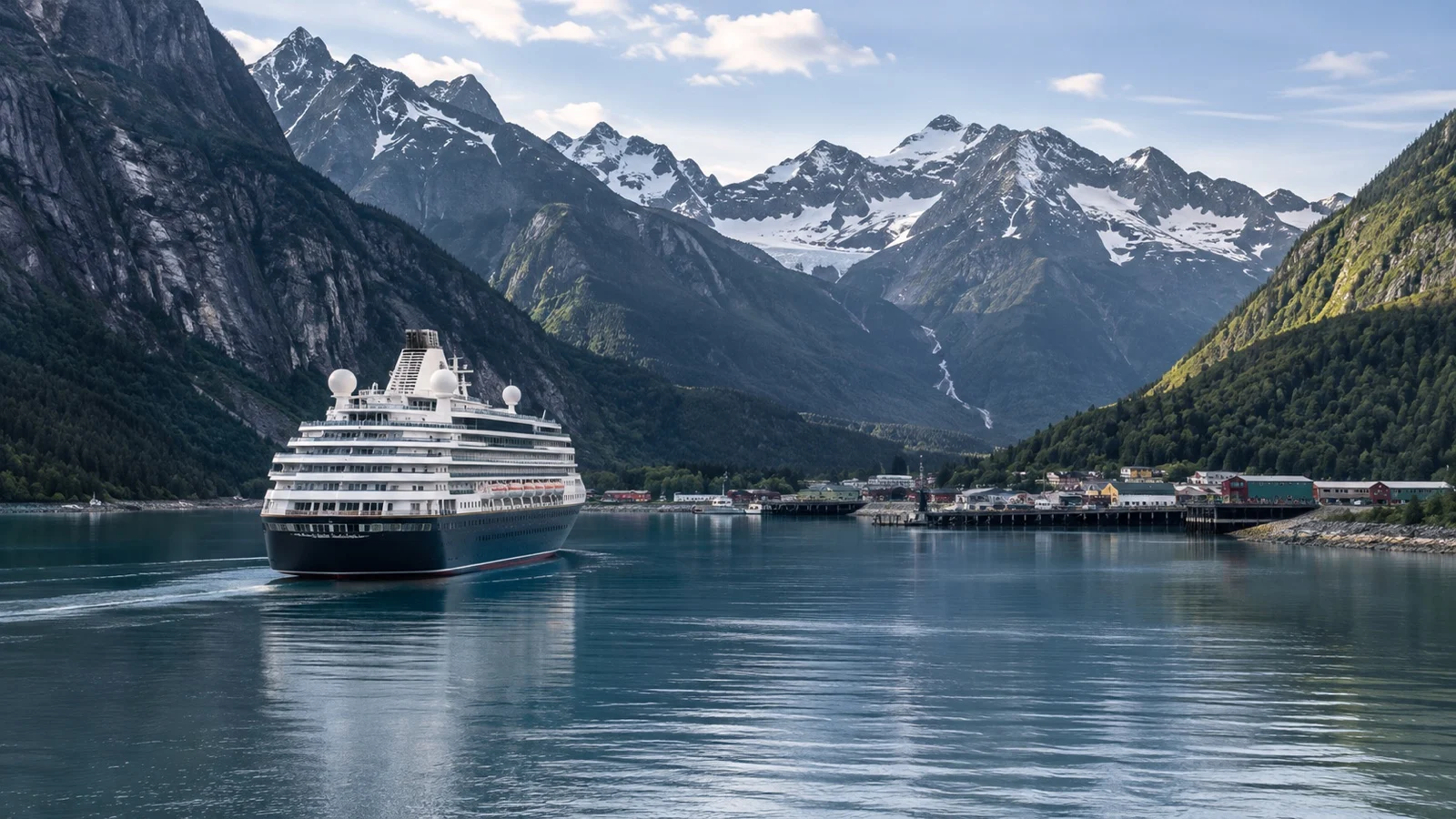 Cruise ship approaching Skagway, Alaska beneath steep rocky fjord mountains