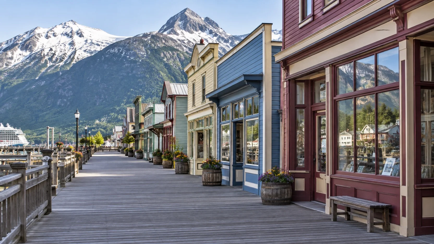 Empty wooden boardwalk past Skagway storefronts and snow-capped mountains