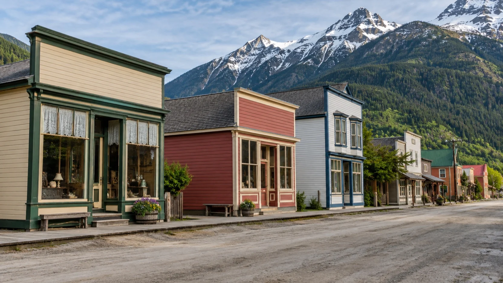 Historic wooden storefronts on Broadway near Jeff Smith’s Parlor Museum in Skagway
