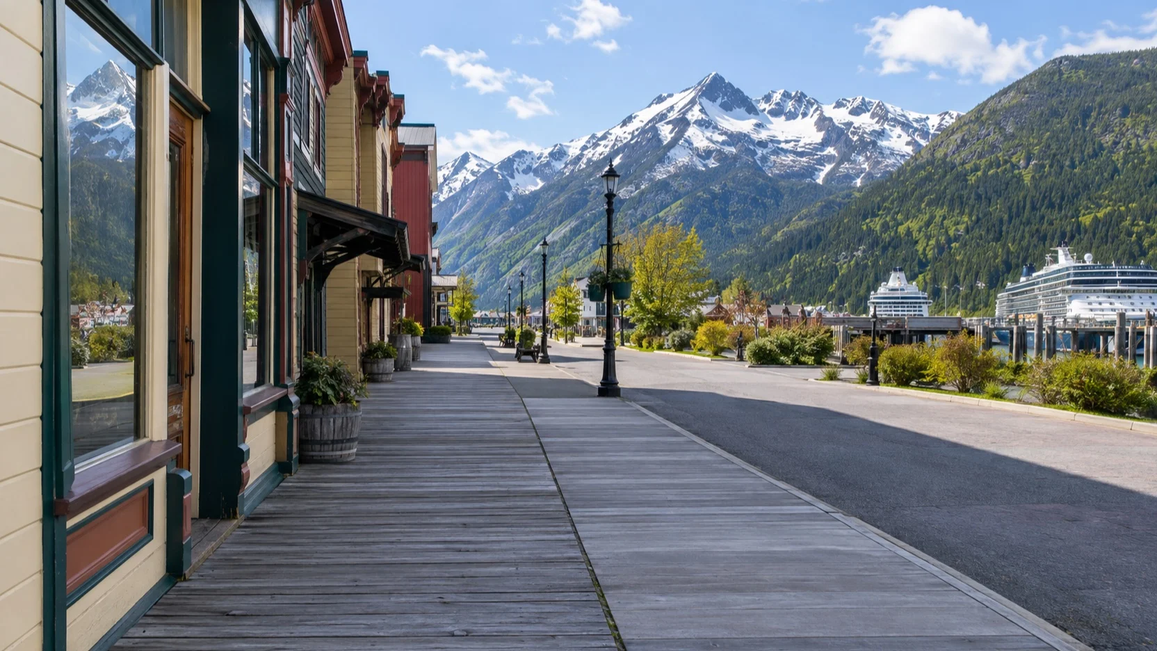 Level Skagway boardwalk and sidewalk near the cruise docks