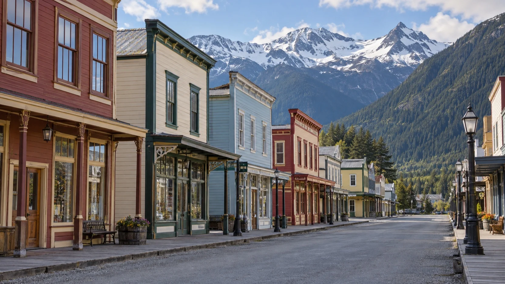 Empty historic wooden main street in Skagway with mountains beyond