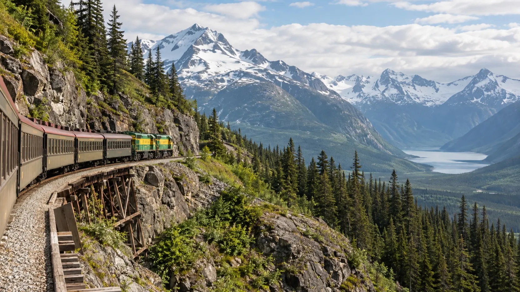 White Pass train winding through mountains near Skagway, Alaska