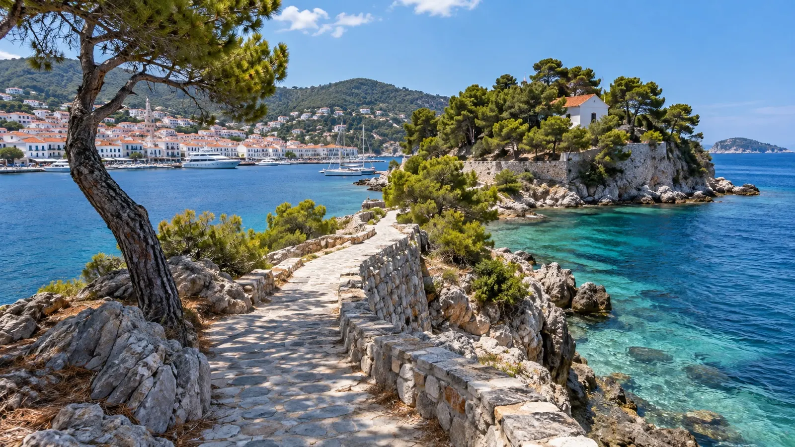 Pine-covered Bourtzi Peninsula between Skiathos harbors