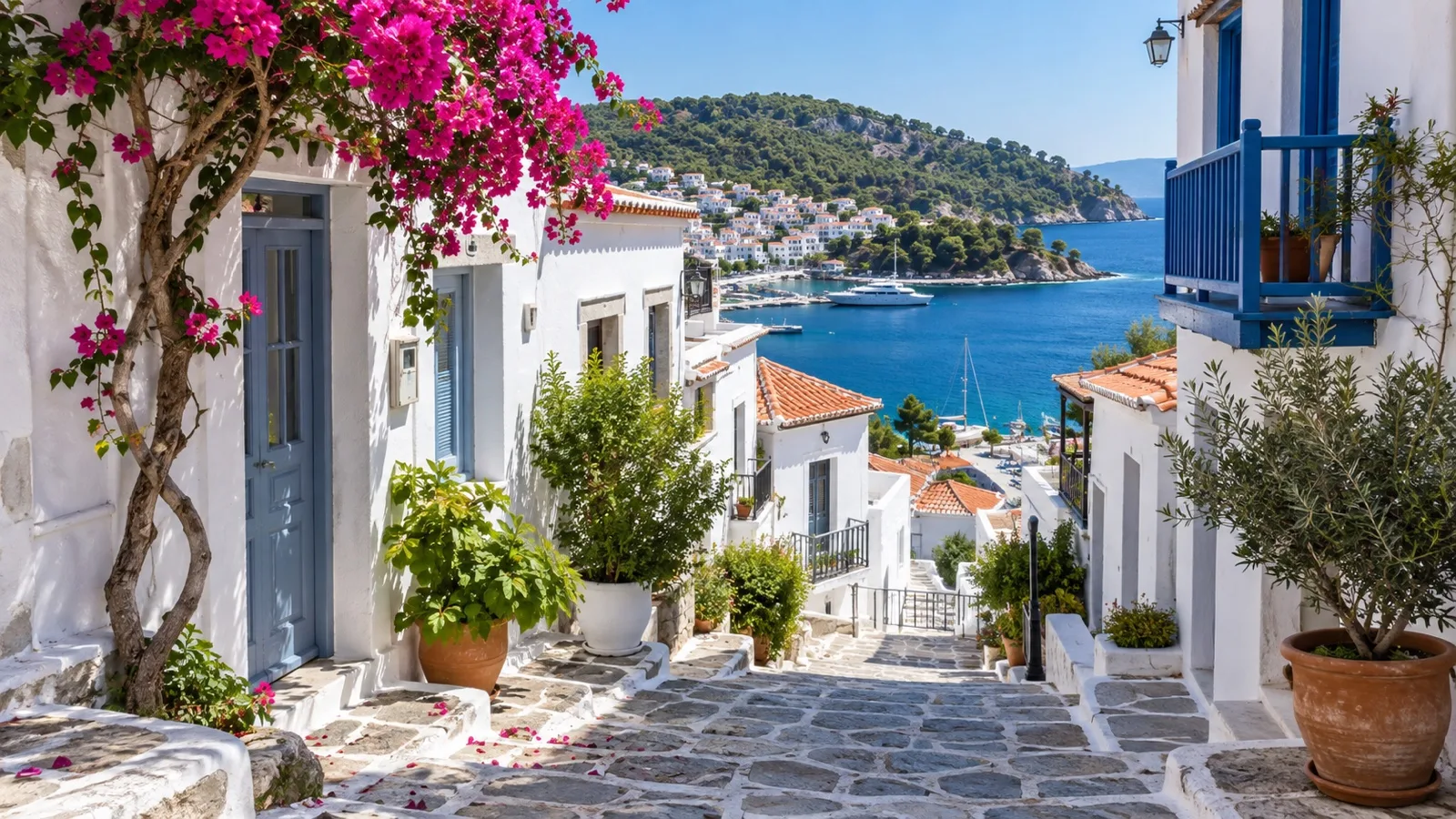 Whitewashed houses along a quiet lane in Skiathos Town