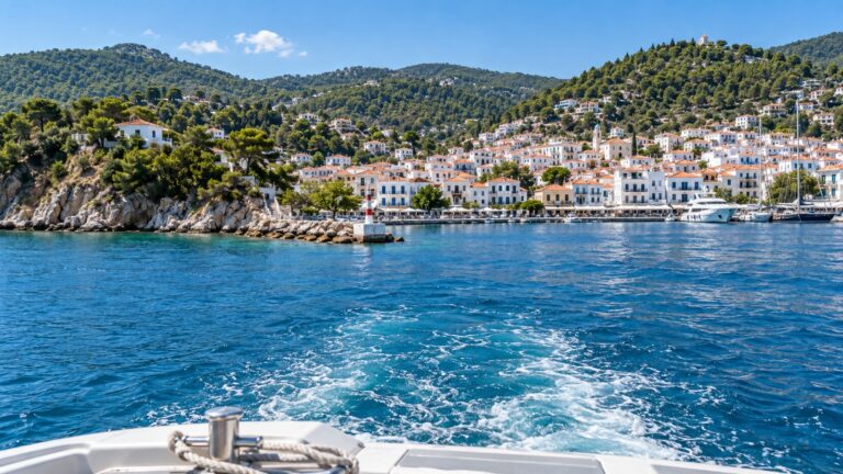 Tender boat approaching Skiathos Town harbor