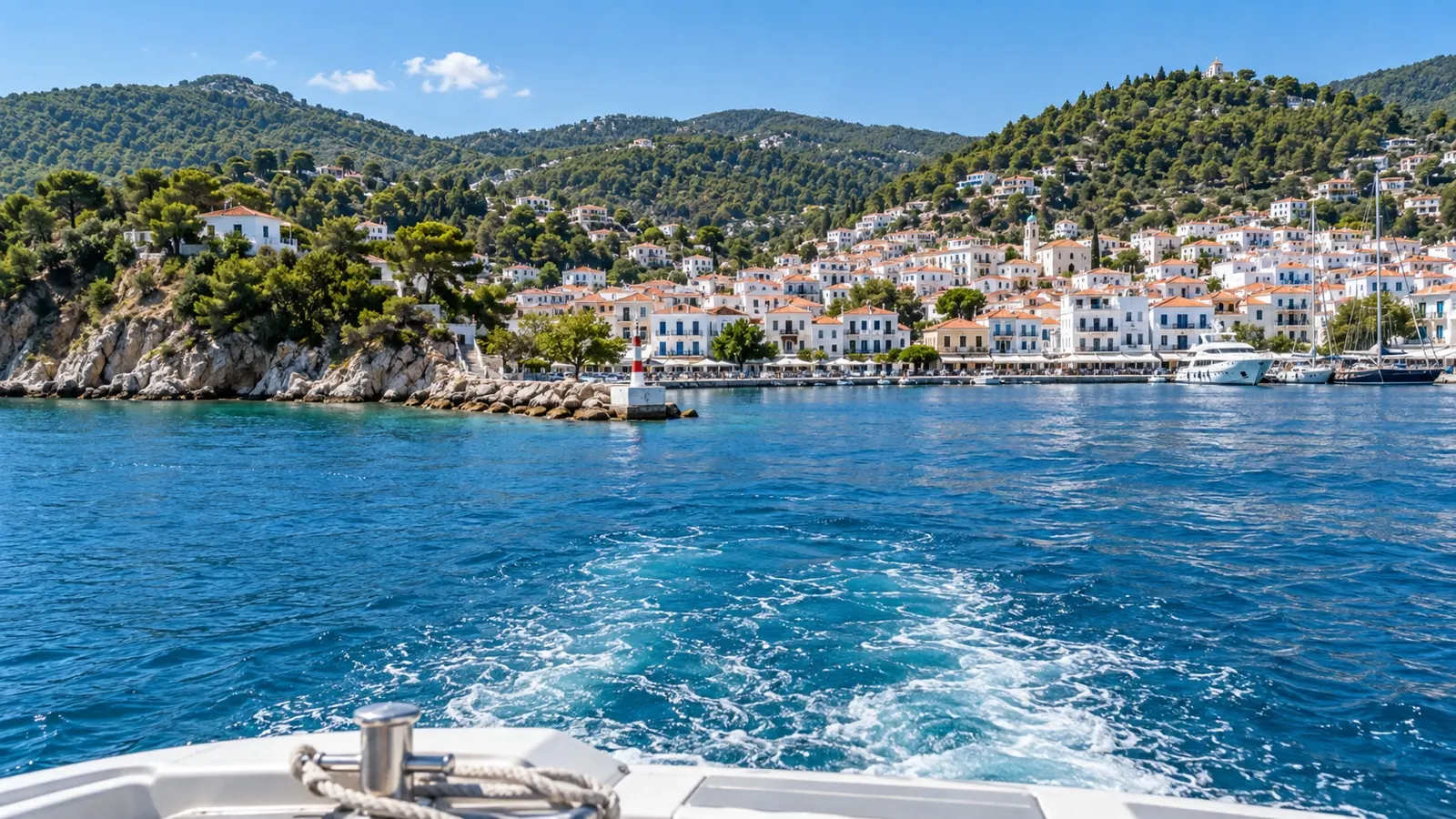 Tender boat approaching Skiathos Town harbor