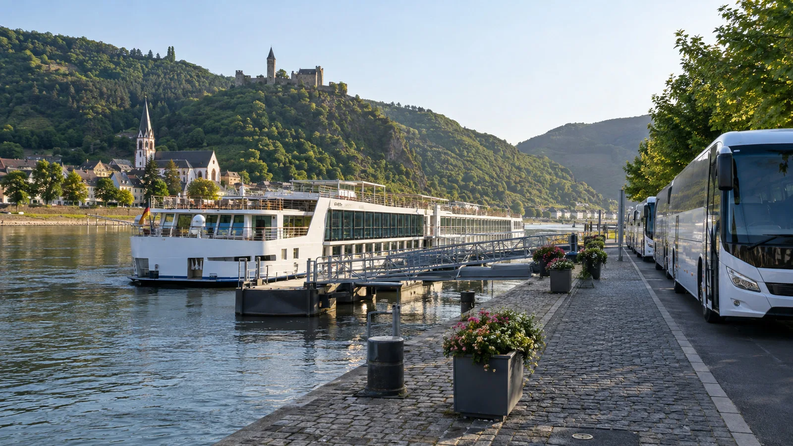 Empty excursion coaches beside a river cruise landing