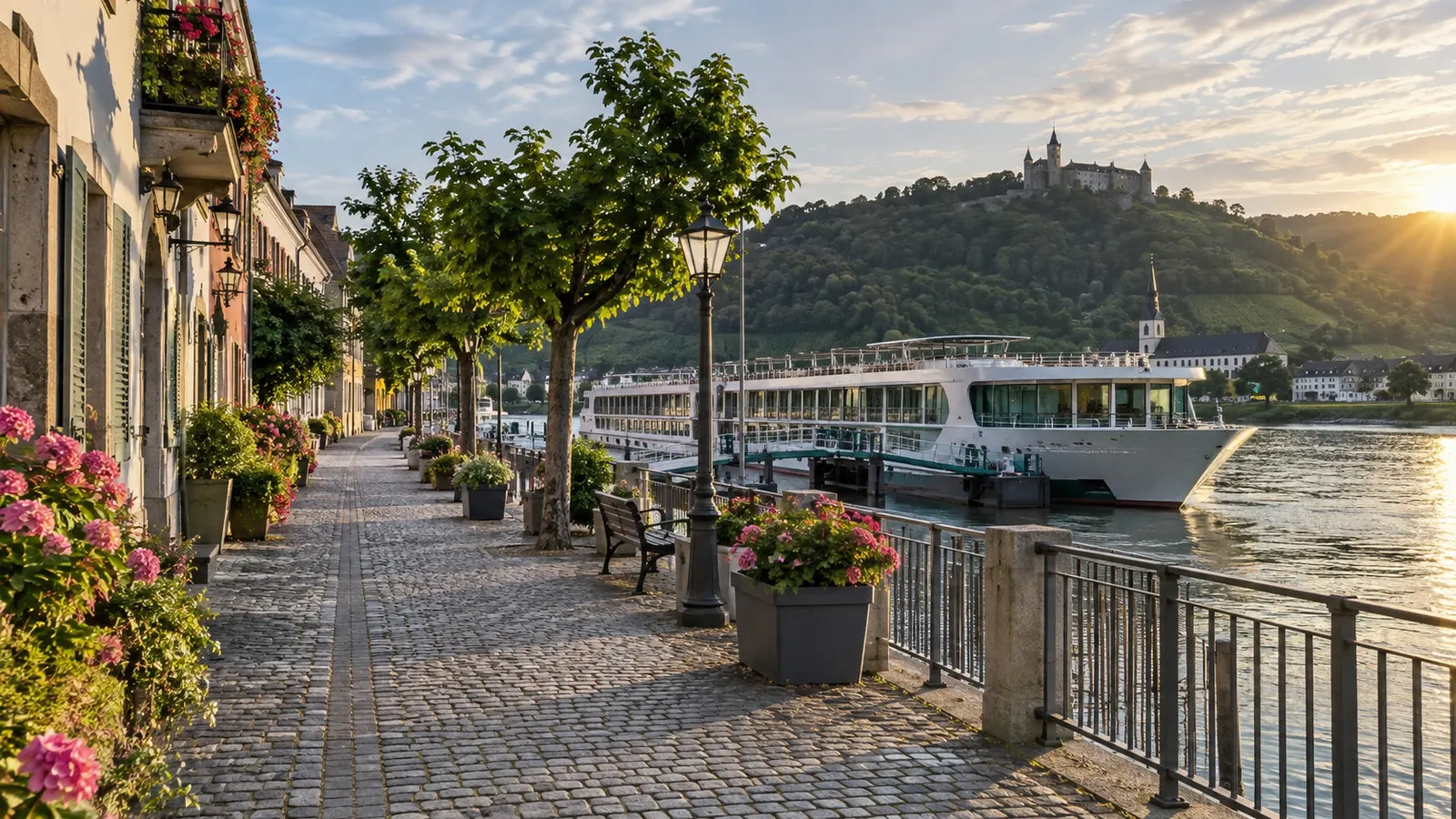 Quiet cobblestone street near a river cruise berth for a solo walk