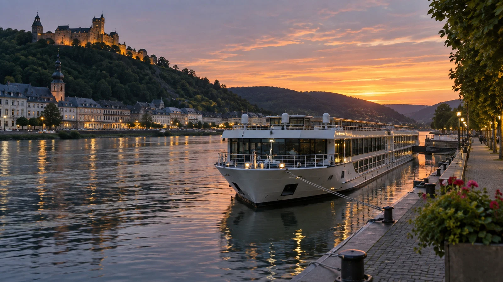 River cruise ship moored again at a downstream quay at dusk